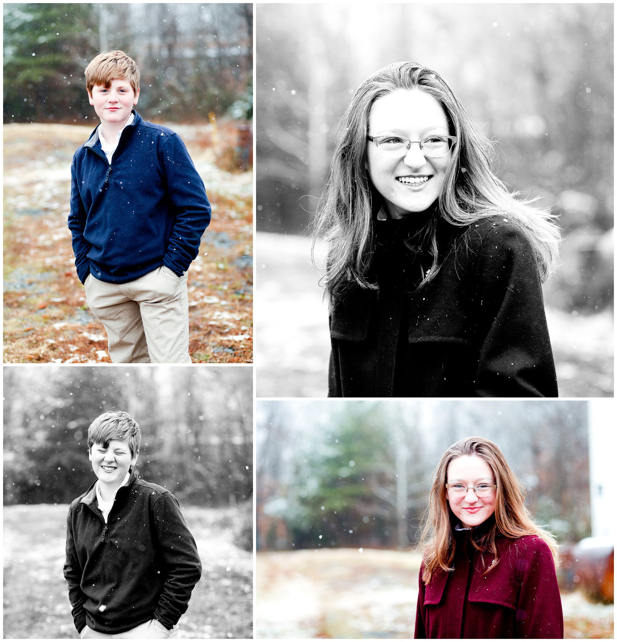 Charlottesville family portrait photographer winter snow pictures laughter siblings fun session