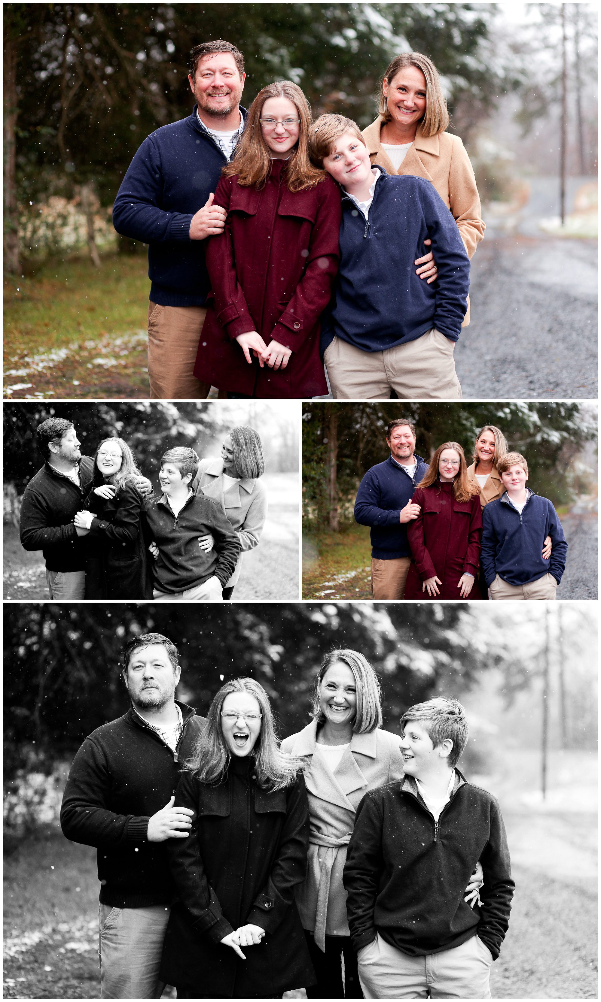 Charlottesville family portrait photographer winter snow pictures laughter siblings fun session