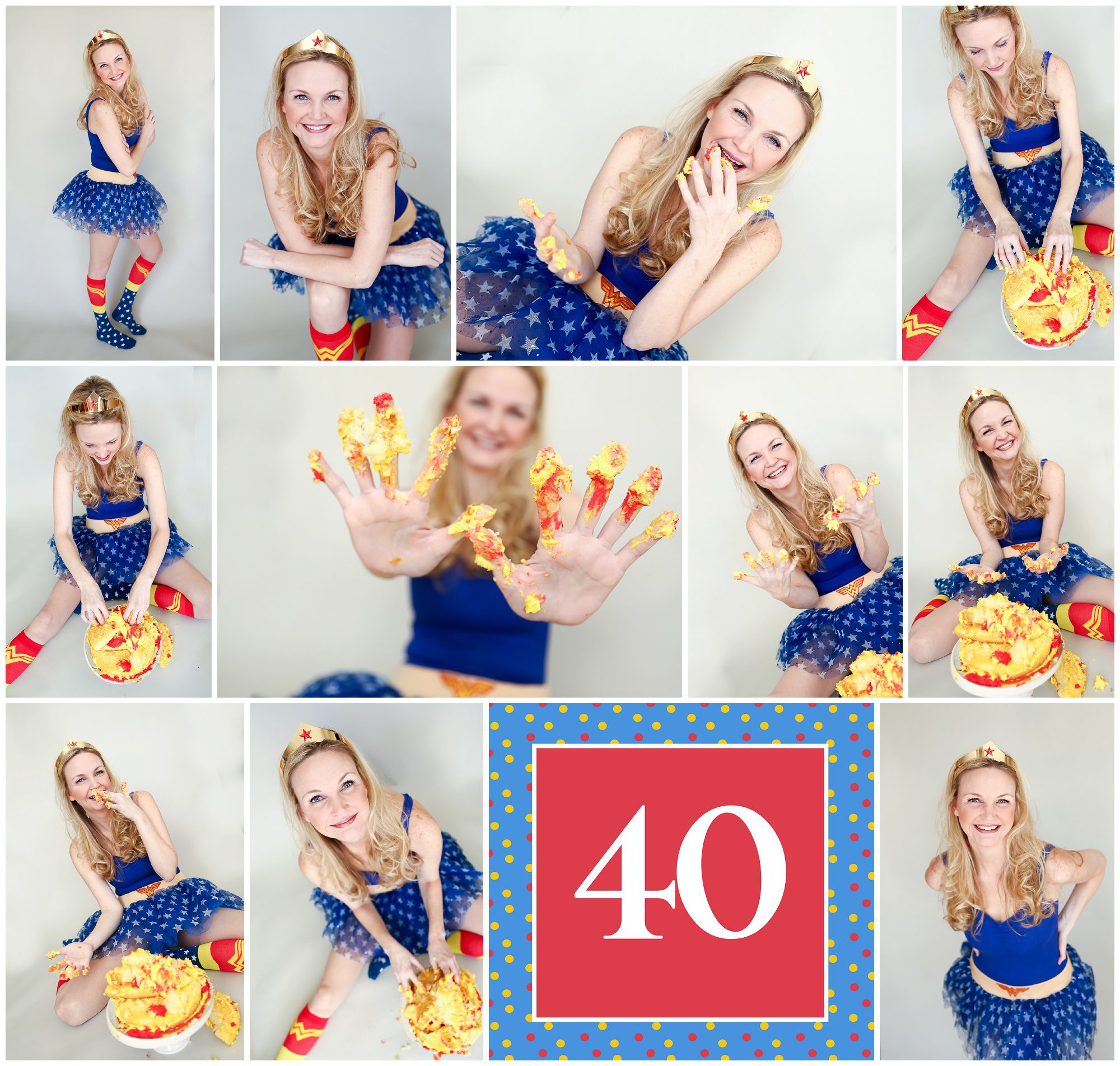 40th Birthday Wonder Woman Cake Smash Photoshoot charlottesville photographer portrait photography fluvanna palmyra lake monticello pictures funny hilarious